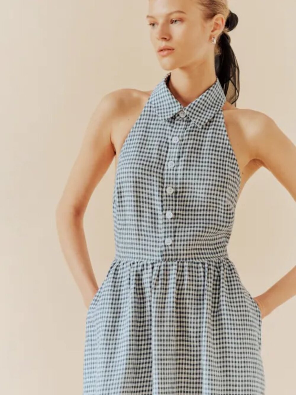 NWT Reformation Tace Linen Dress in Slate Check Navy Open Back Midi Button - Picture 3 of 10